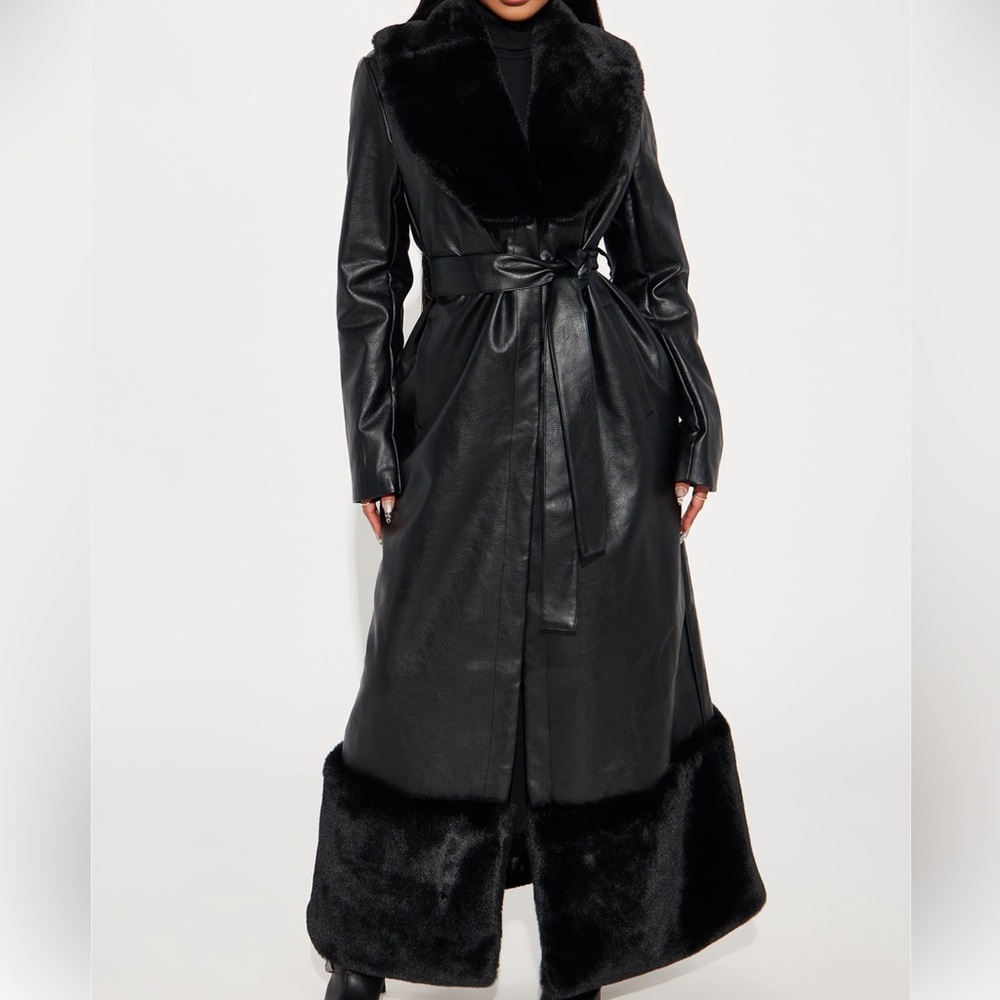 Women's Black Faux Leather Coat with Fur Trim - Picture 9 of 12